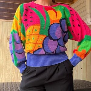 Bold Abstract Fruit Print Sweater Vintage 80s Style Pop Art Knit